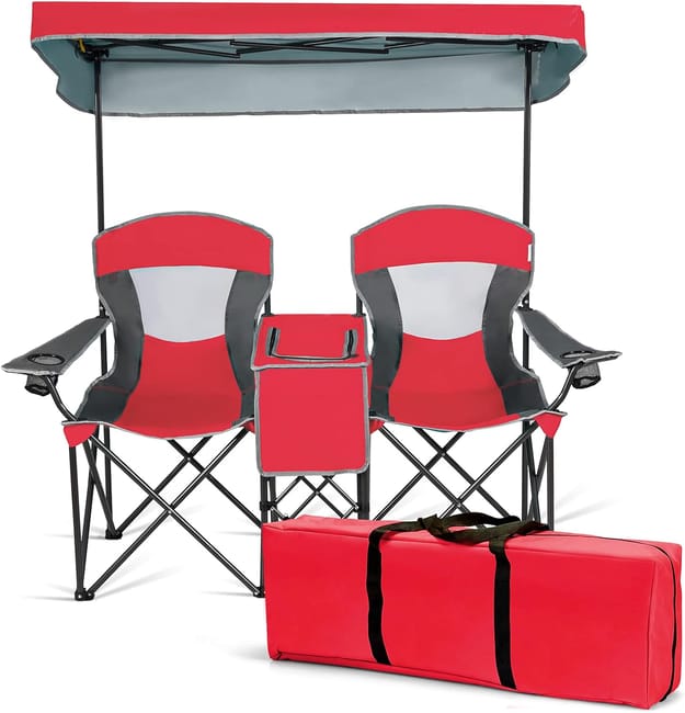 Silla Doble de Camping con Sombrilla y Nevera Integrada